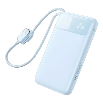 zero2cart slim light blue 10000mAh power bank with built-in braided USB-C cable and digital LED battery display