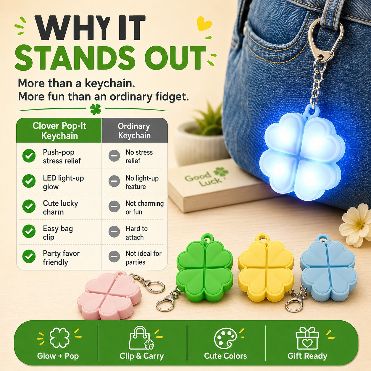 zero2cart light-up four-leaf clover pop-it fidget keychain in blue, pink, green, and yellow on a wooden surface.