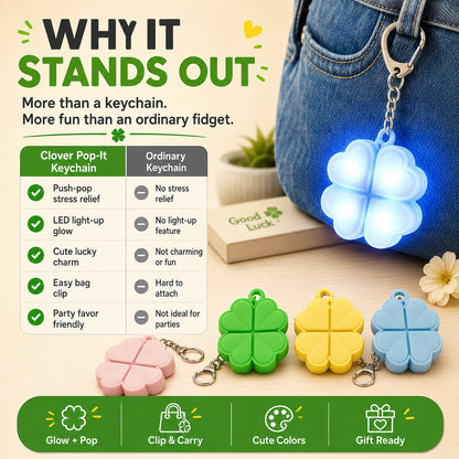 zero2cart light-up four-leaf clover pop-it fidget keychain in blue, pink, green, and yellow on a wooden surface.