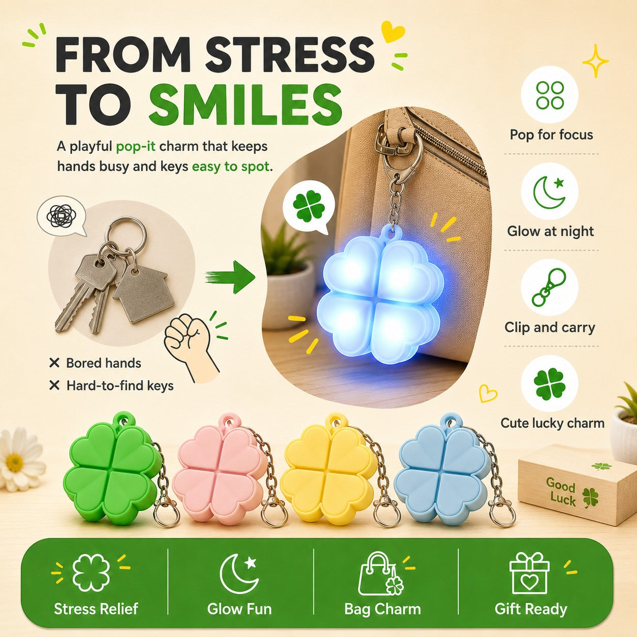zero2cart light-up four-leaf clover pop-it fidget keychain in green, pink, yellow, and blue with metal clasp