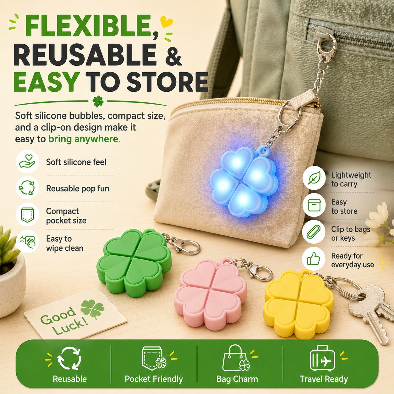 zero2cart light-up four-leaf clover pop it fidget keychains in green, blue, pink, and yellow on a wooden table.