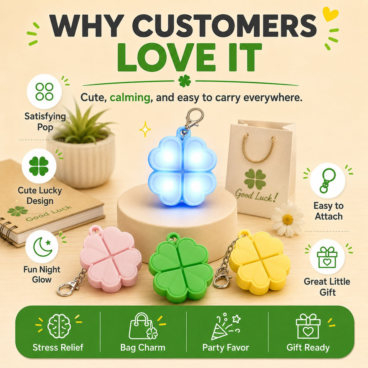 zero2cart light-up four-leaf clover pop-it fidget keychains in green, pink, yellow, and glowing blue silicone.