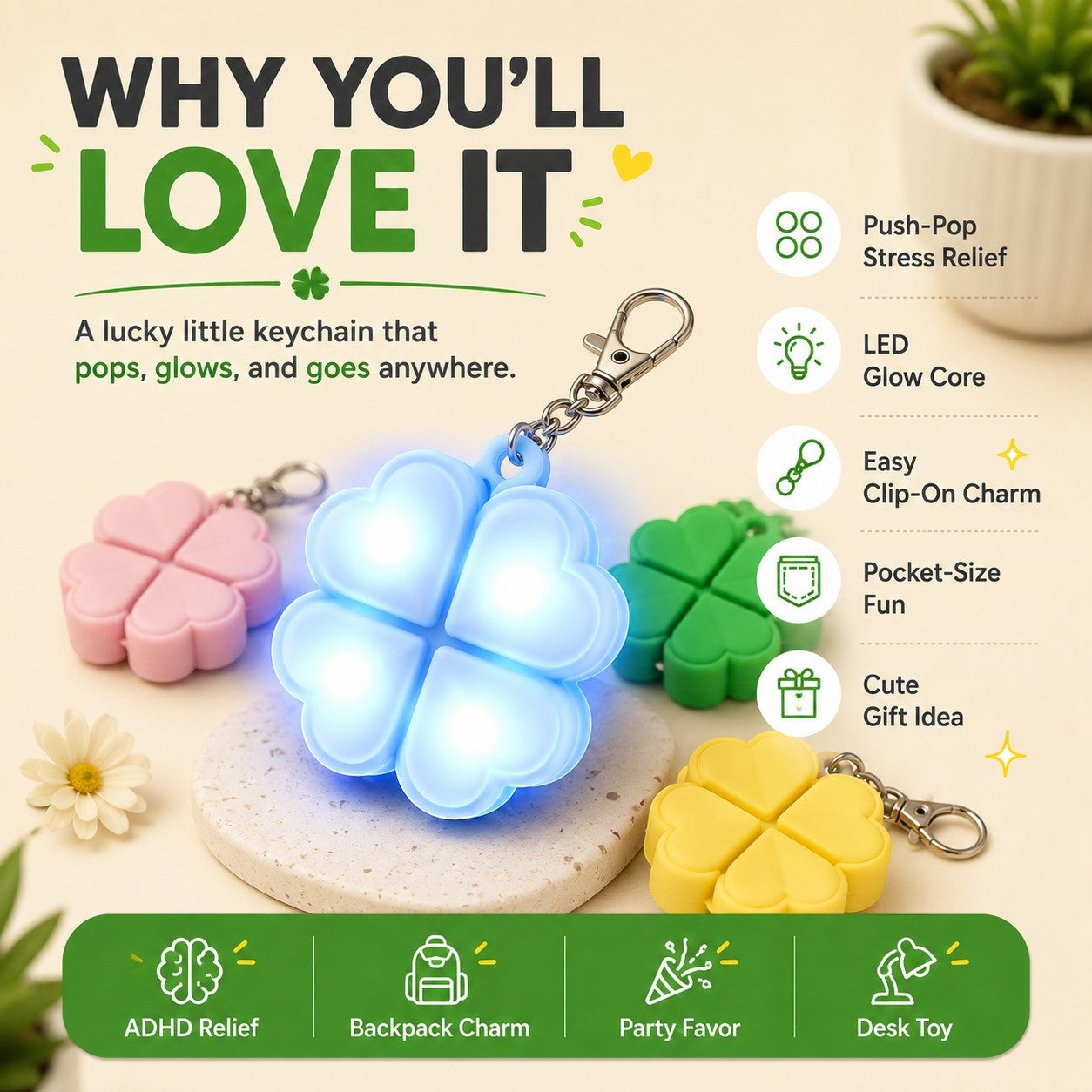 zero2cart light-up four-leaf clover pop it fidget keychain in blue, pink, green, and yellow with metal clasp