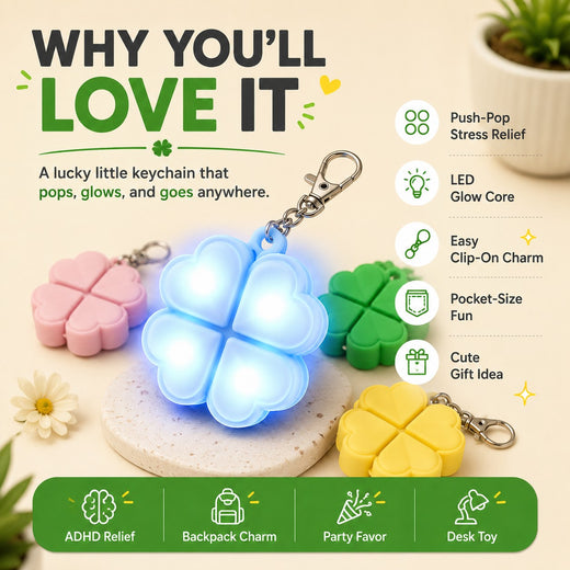 zero2cart light-up four-leaf clover pop it fidget keychain in blue, pink, green, and yellow with metal clasp