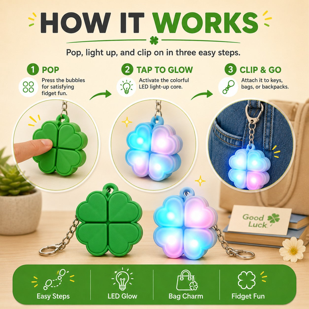 zero2cart light-up four-leaf clover fidget keychain showing pop bubbles, LED glow, and backpack attachment steps
