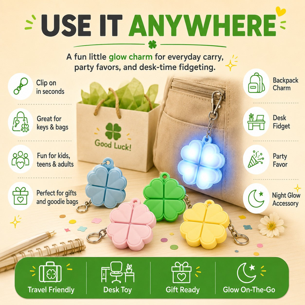 zero2cart light-up four-leaf clover pop it keychains in green, blue, pink, and yellow on a desk with a backpack.