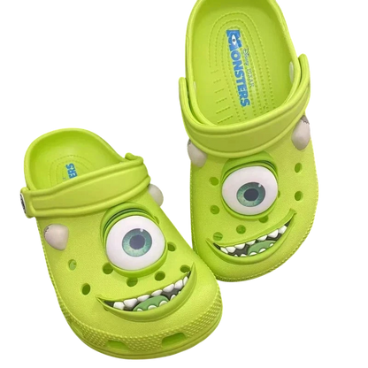 zero2cart bright lime green cartoon alien EVA pull-on slippers with a large cyclops eye and toothy grin design