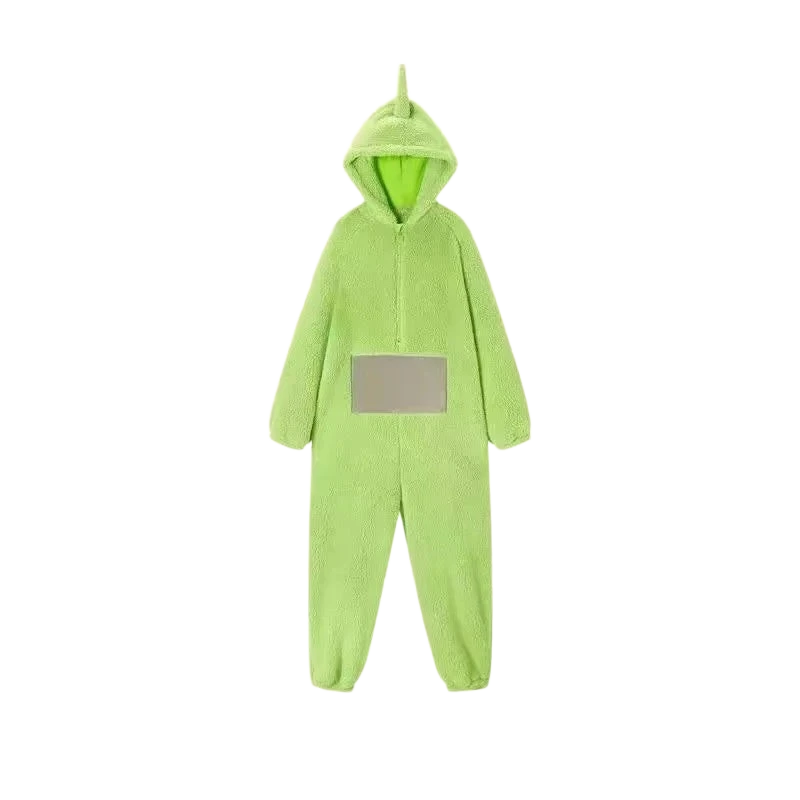 zero2cart lime green hooded character onesie pajama with a soft fleece texture and front pocket detail