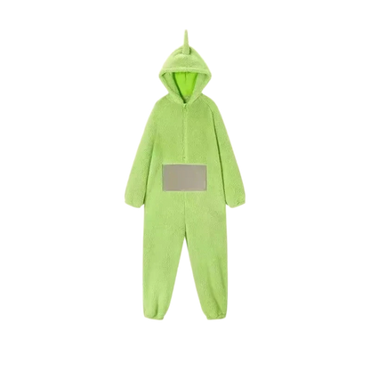 zero2cart lime green hooded character onesie pajama with a soft fleece texture and front pocket detail