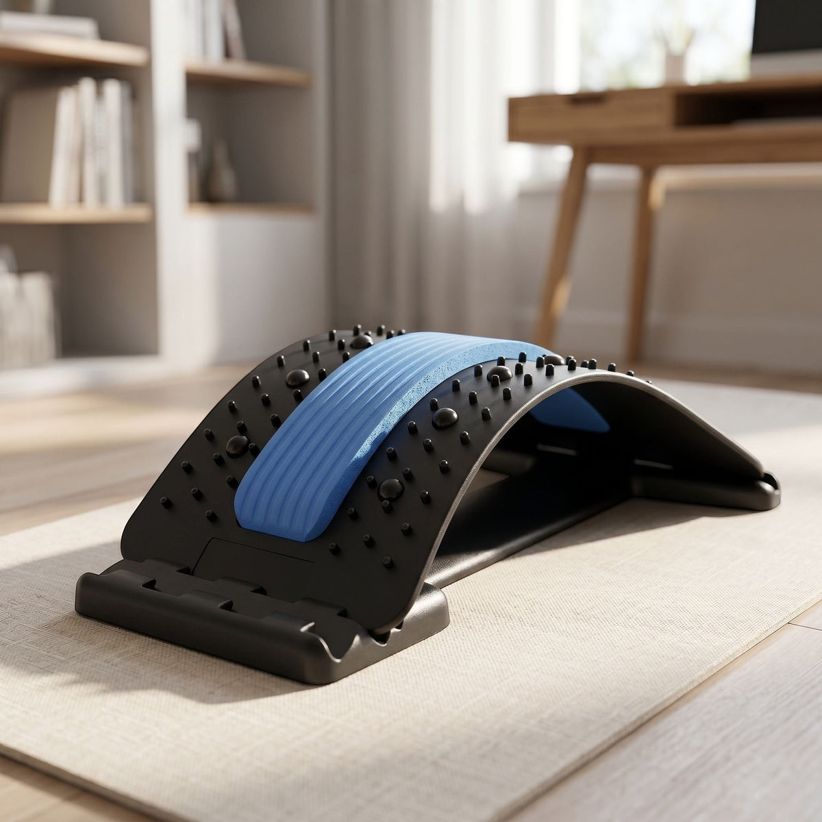 zero2cart lumbar back stretching support with blue cushioned center and black acupressure nodes on a home floor