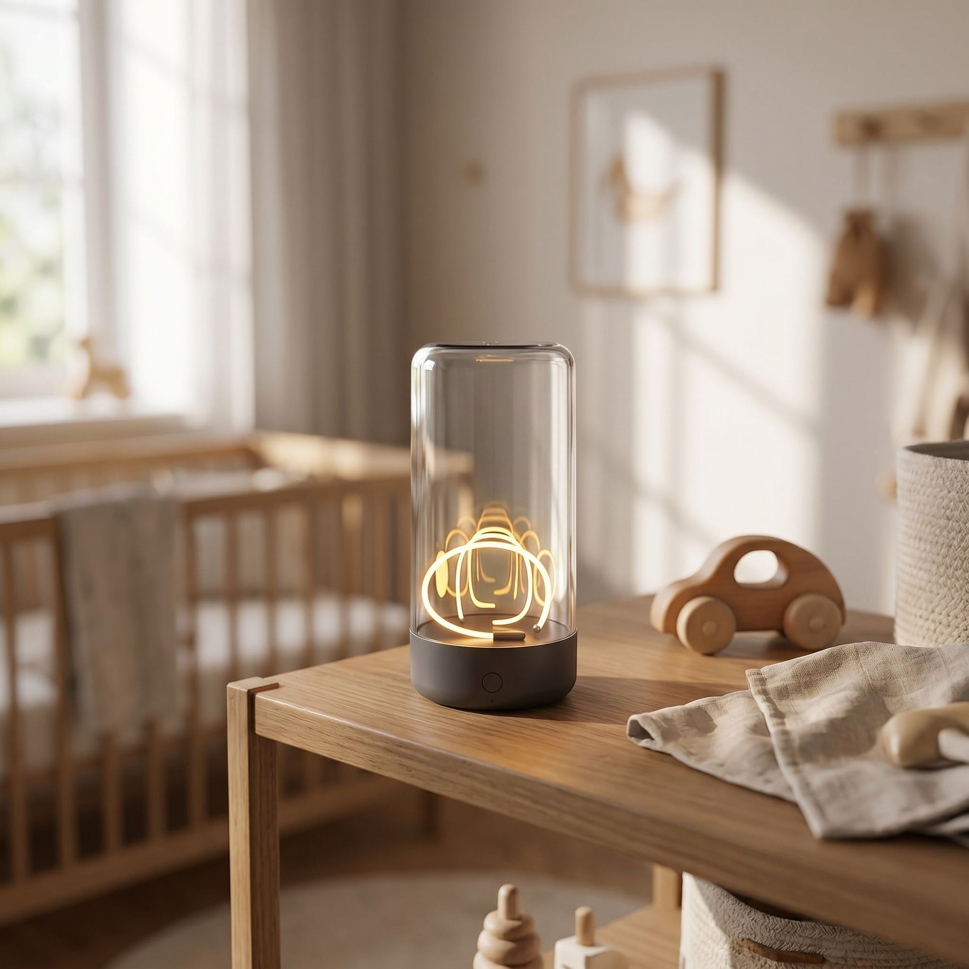 zero2cart portable magnetic ambient night light with a clear glass cylinder and warm glowing filament on a wooden desk
