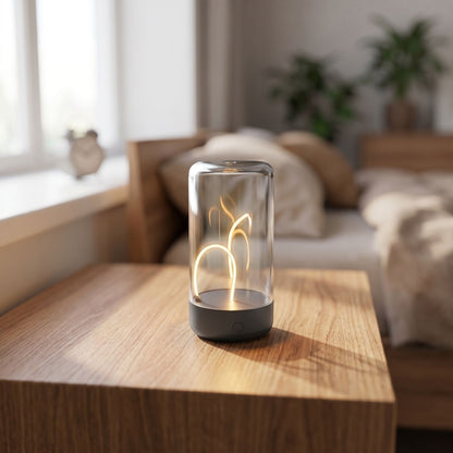 zero2cart portable magnetic ambient night light with a clear glass dome and warm glowing filament on a wooden table