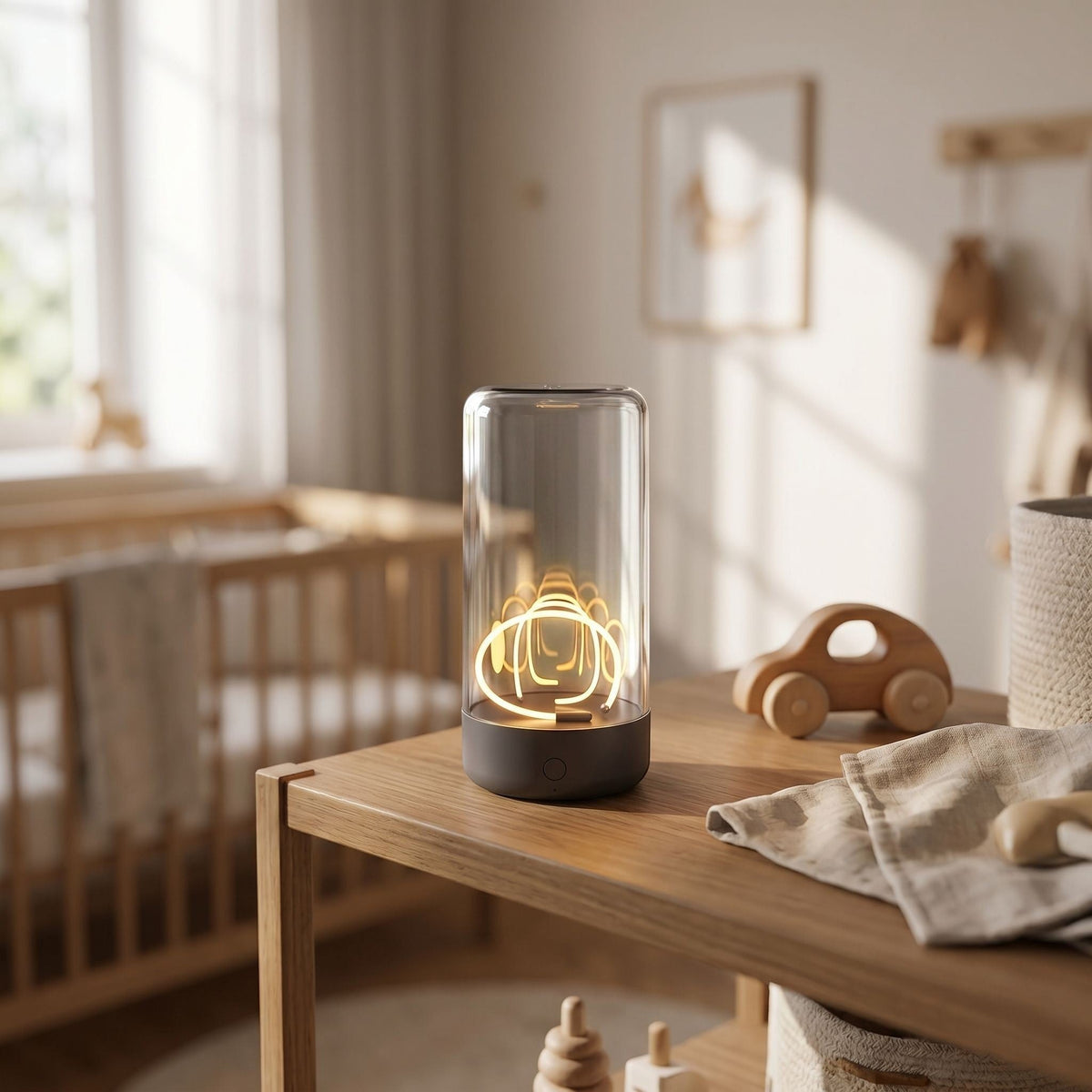 zero2cart portable magnetic ambient night light with a clear glass cylinder and warm glowing filament on a wooden desk