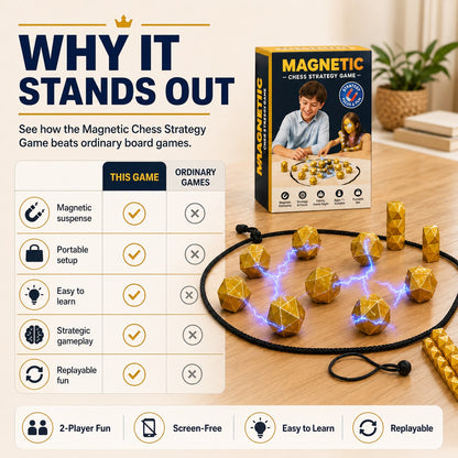 zero2cart Magnetic Chess Strategy Game set with gold geometric magnets and a circular rope board on a wooden table.