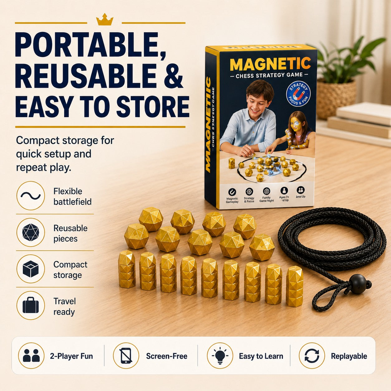 zero2cart magnetic chess strategy game with gold geometric pieces, black rope battlefield, and portable game box