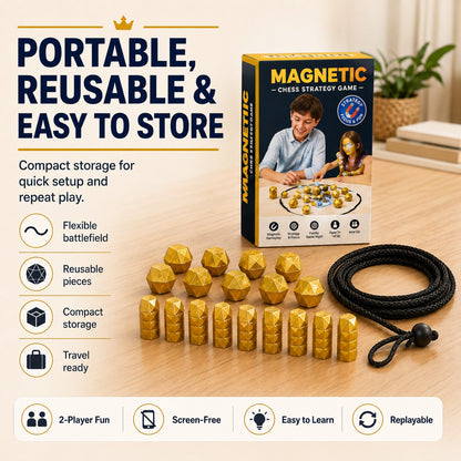 zero2cart magnetic chess strategy game with gold geometric pieces, black rope battlefield, and portable game box
