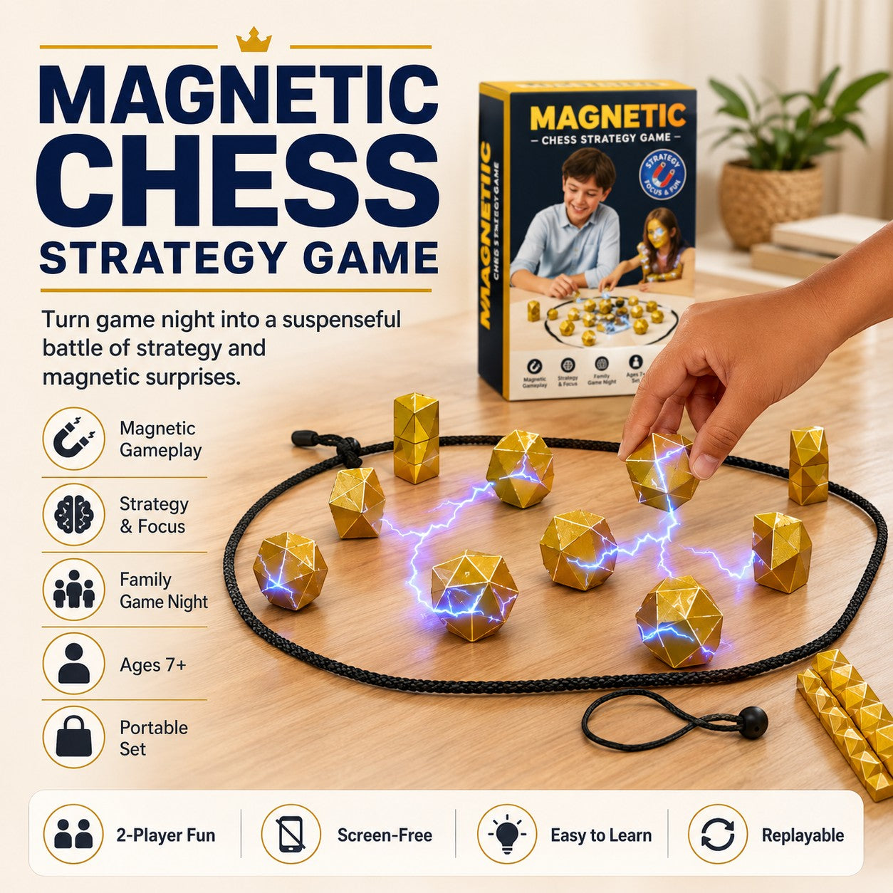 zero2cart Magnetic Chess Strategy Game with gold geometric magnets on a black rope board for family game night