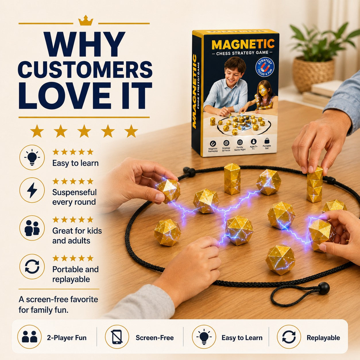 zero2cart magnetic chess strategy game with gold geometric pieces on a circular board during a family game night