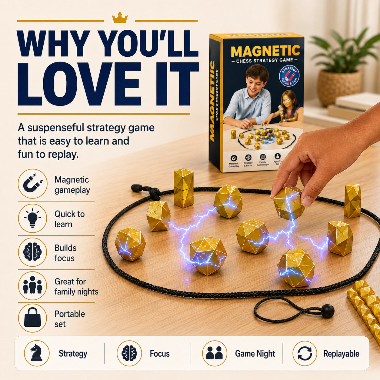 zero2cart magnetic chess strategy game with gold geometric pieces on a black cord board for family game night