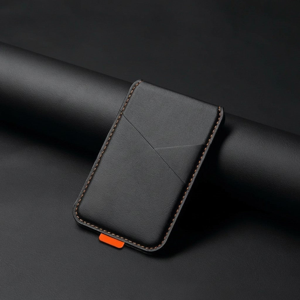 zero2cart black magnetic leather-style phone card holder with contrast stitching and orange pull tab on dark background
