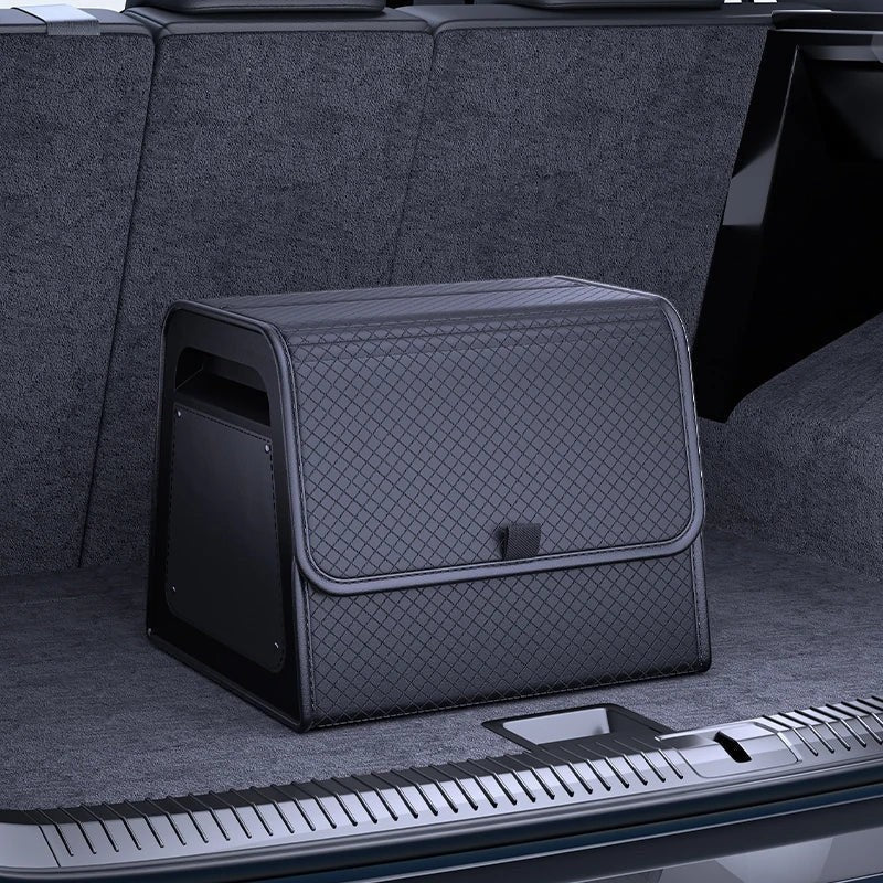 zero2cart black PU leather magnetic car trunk organizer with a quilted texture and reinforced frame in a vehicle trunk