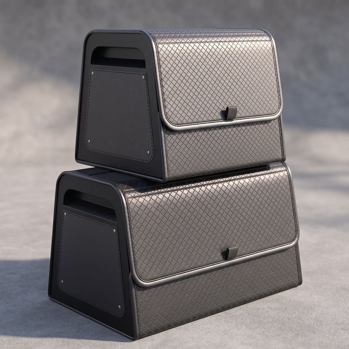 zero2cart magnetic car trunk organizers in black quilted PU leather with reinforced ABS frames stacked on each other.