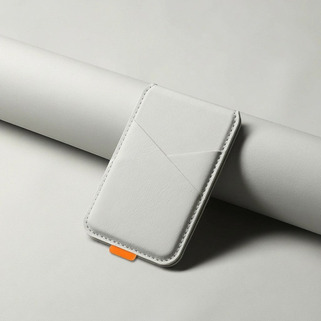 zero2cart magnetic phone card holder in light grey artificial leather with a small orange pull tab