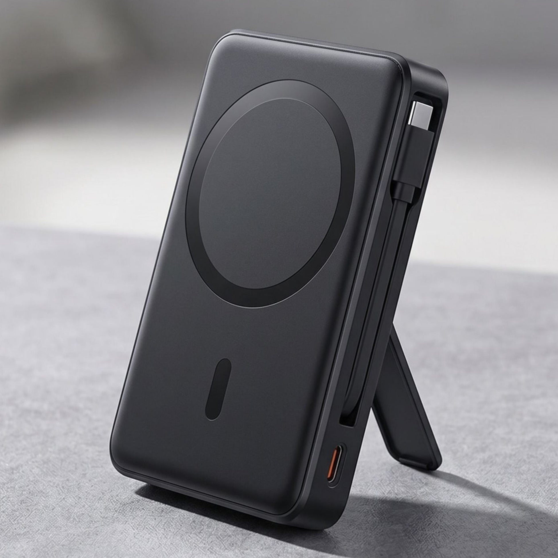 zero2cart 10000mAh magnetic power bank in black with built-in USB-C cable, digital display, and foldable kickstand.