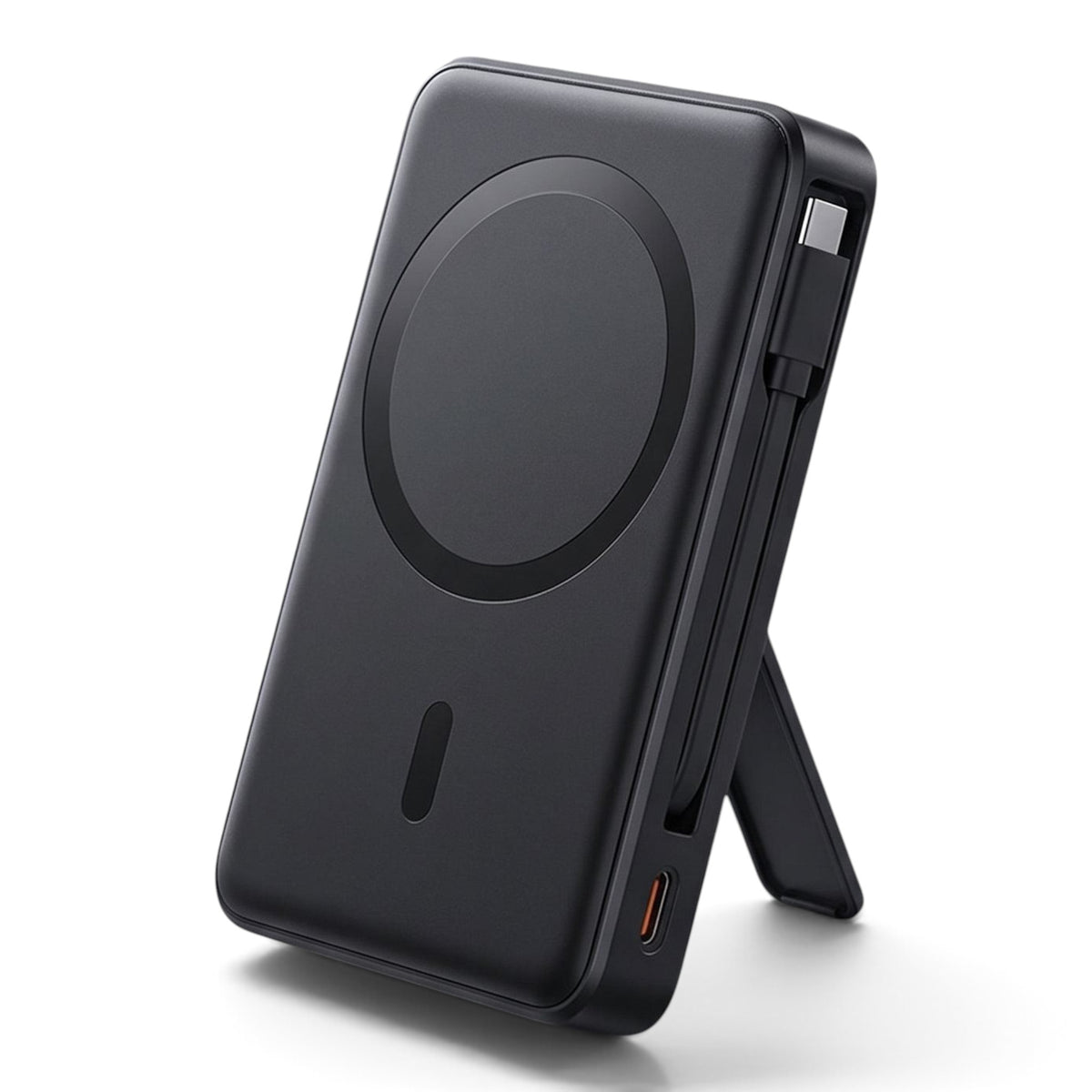 zero2cart 10000mAh magnetic power bank in black with built-in USB-C cable, digital display, and foldable kickstand.