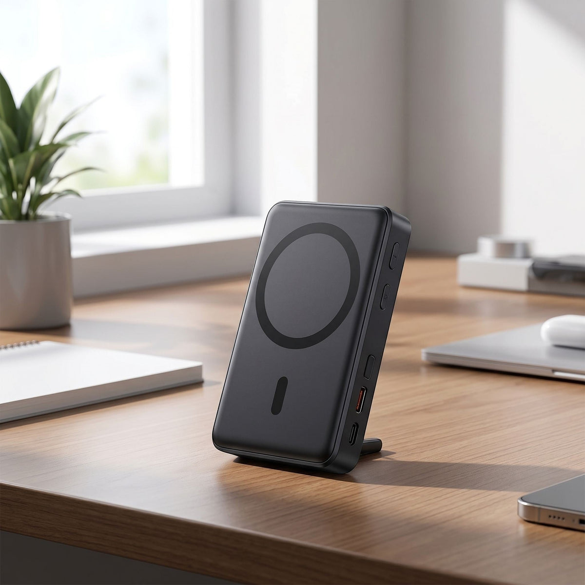 zero2cart 45W magnetic power bank with kickstand, digital display, and built-in cable on a wooden desk.