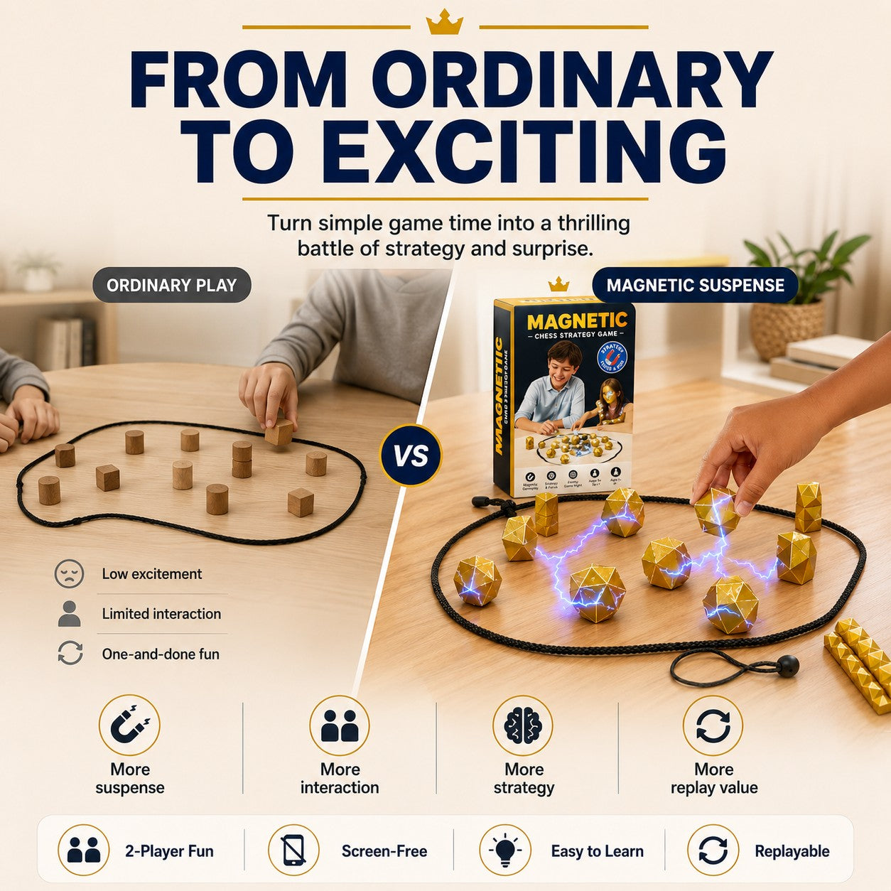 zero2cart Magnetic Stones strategy game showing a comparison between ordinary play and exciting magnetic gameplay