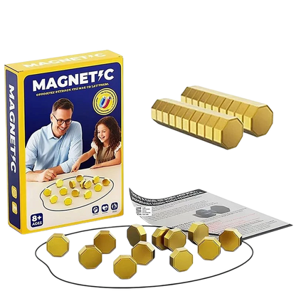 zero2cart magnetic strategy game set with gold-colored octagonal magnetic stones and illustrated game box