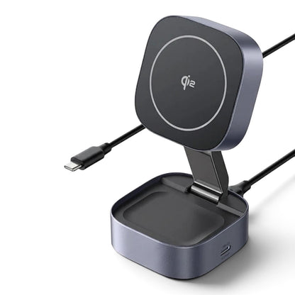 zero2cart 2-in-1 magnetic wireless charger stand with foldable design and Type-C cable for phones and earbuds