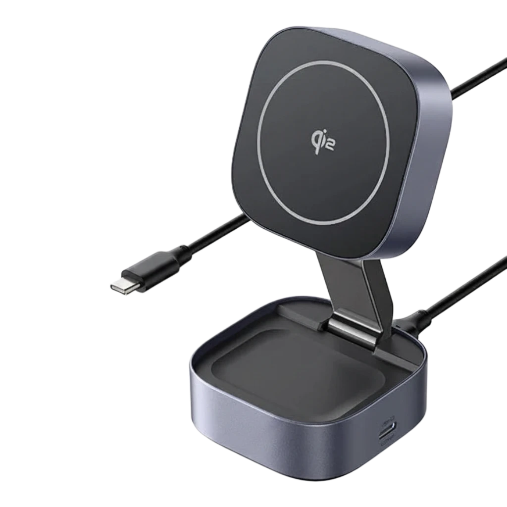 zero2cart 2-in-1 magnetic wireless charger stand with foldable design and Type-C cable for phones and earbuds