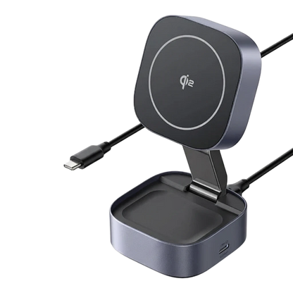 zero2cart 2-in-1 magnetic wireless charger stand with foldable design and Type-C cable for phones and earbuds
