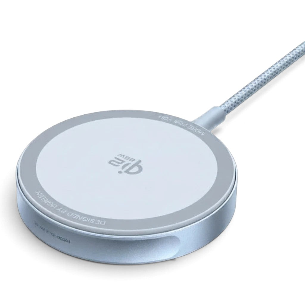 zero2cart 25W magnetic wireless charging pad with a sleek silver finish and braided Type-C cable on black background