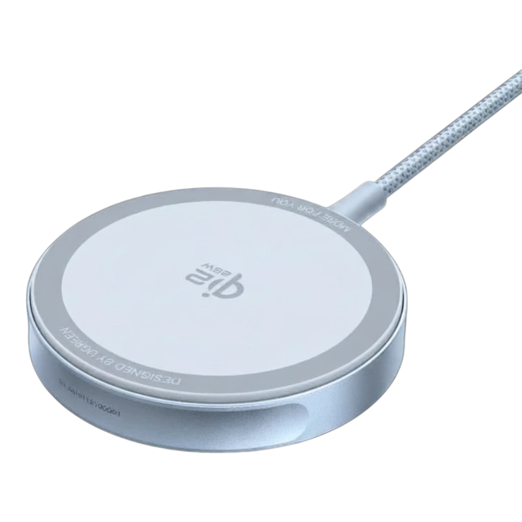 zero2cart 25W magnetic wireless charging pad with a sleek silver finish and braided Type-C cable on black background