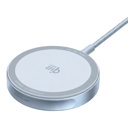 zero2cart 25W magnetic wireless charging pad with a sleek silver finish and braided Type-C cable on black background
