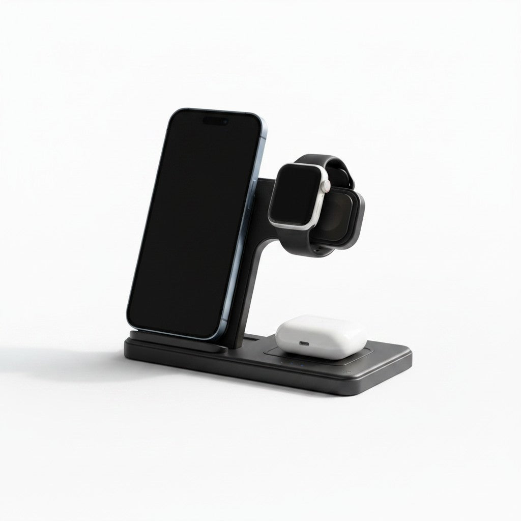 zero2cart 3-in-1 magnetic wireless charging stand in black, holding a smartphone, smartwatch, and wireless earbuds.