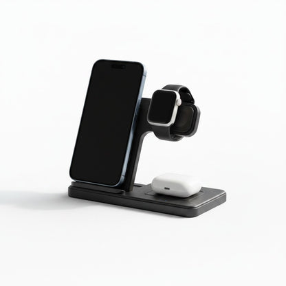 zero2cart 3-in-1 magnetic wireless charging stand in black, holding a smartphone, smartwatch, and wireless earbuds.