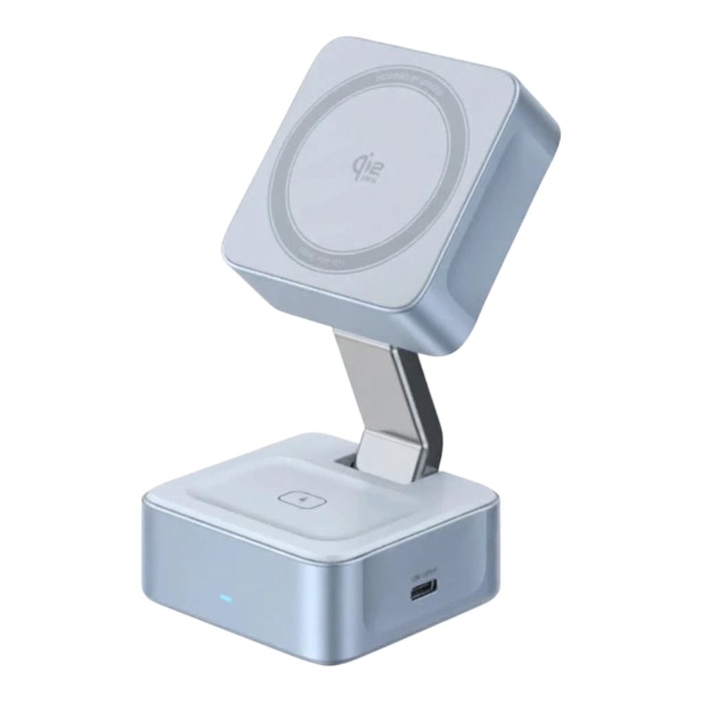 zero2cart 2-in-1 magnetic wireless charging stand in light blue for iPhone, Apple Watch, and AirPods
