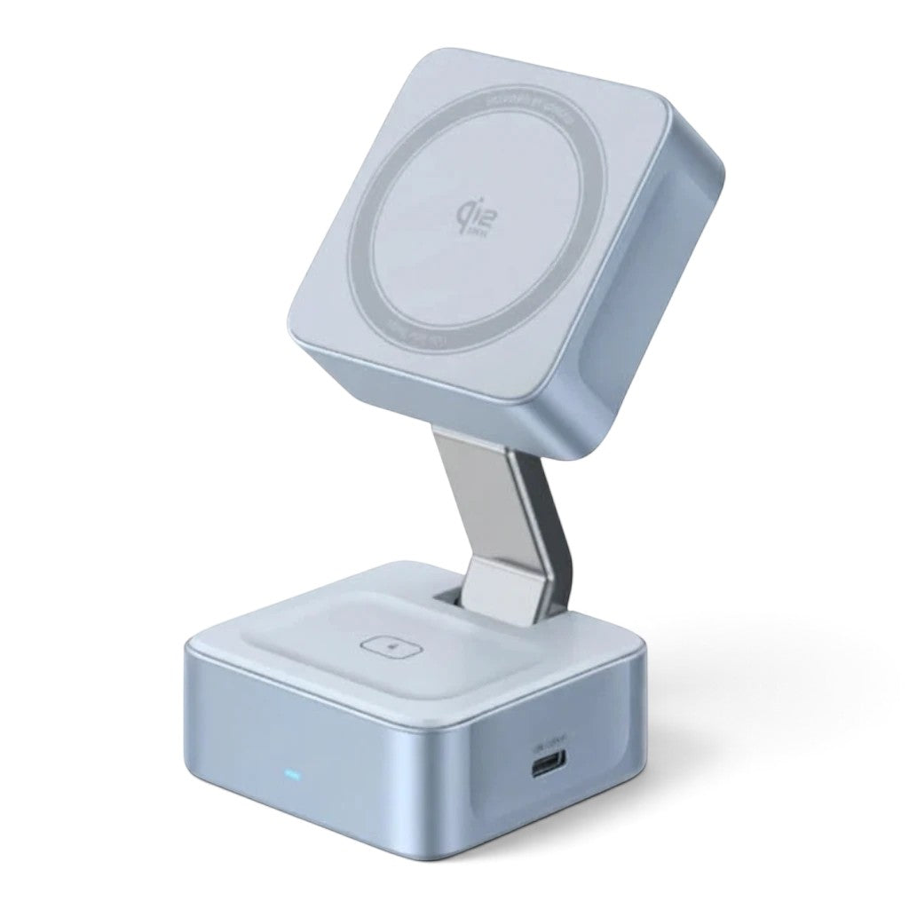 zero2cart 2-in-1 magnetic wireless charging stand in light blue for iPhone, Apple Watch, and AirPods