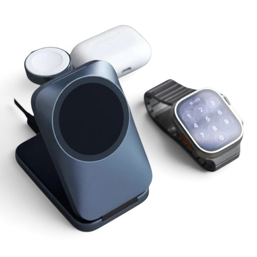 zero2cart 3-in-1 magnetic wireless charging station in blue, charging a smartwatch and earbuds on a black background.