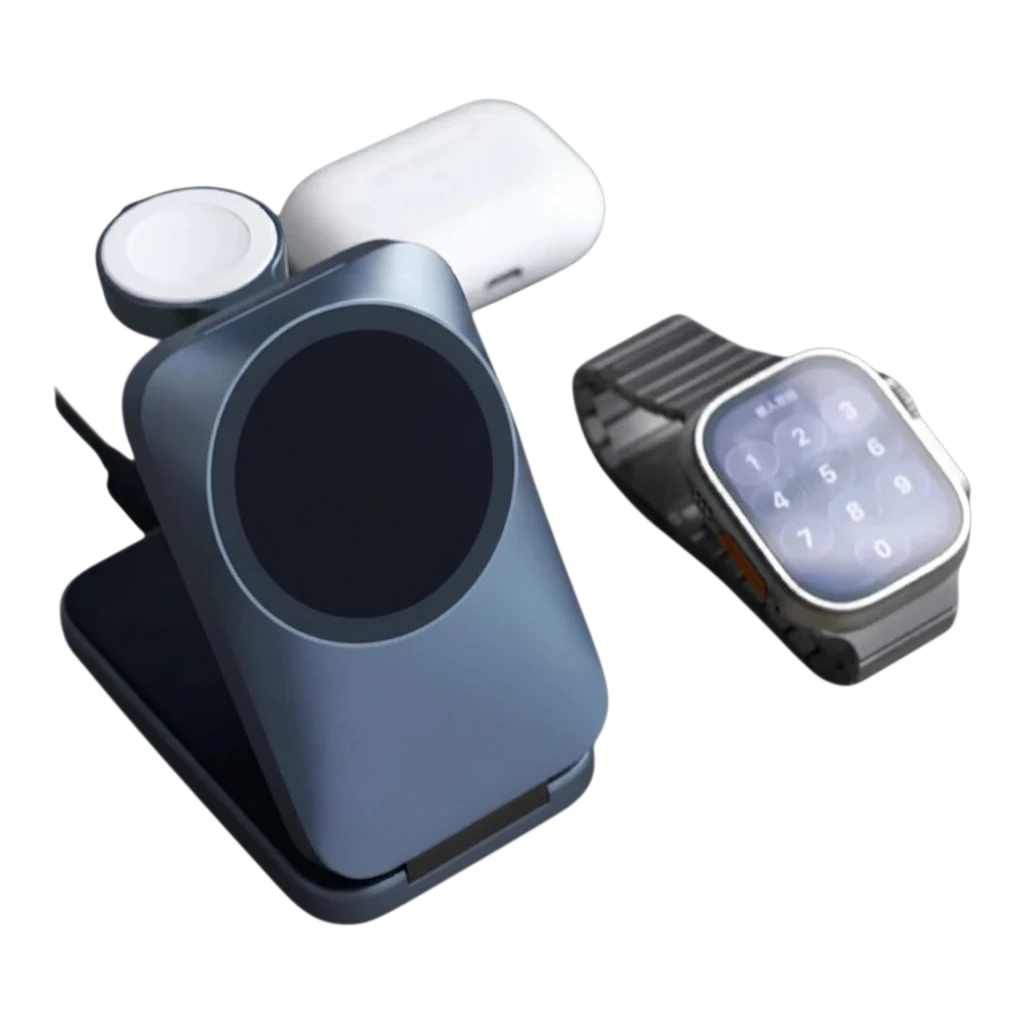 zero2cart 3-in-1 magnetic wireless charging station in blue, charging a smartwatch and earbuds on a black background.