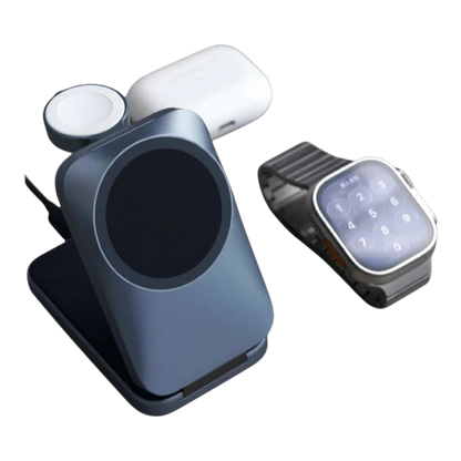 zero2cart 3-in-1 magnetic wireless charging station in blue, charging a smartwatch and earbuds on a black background.