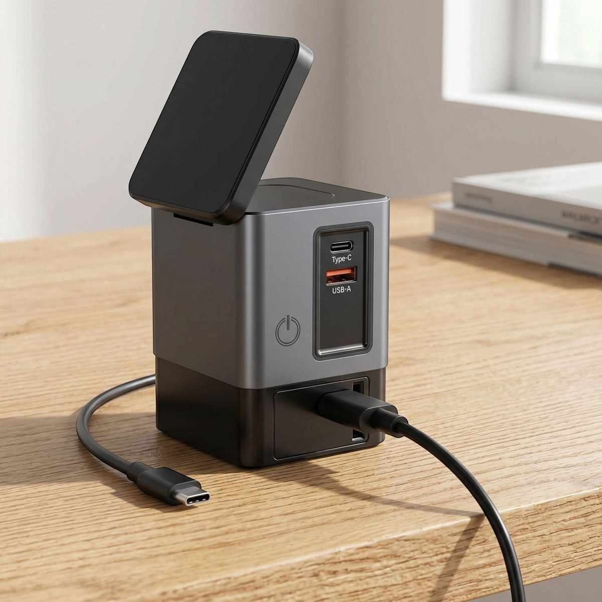 zero2cart 6-in-1 magnetic wireless charging station in grey and black on a wooden desk with Type-C cable.