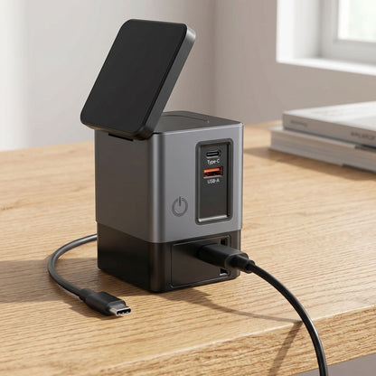zero2cart 6-in-1 magnetic wireless charging station in grey and black on a wooden desk with Type-C cable.