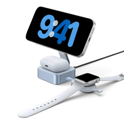 zero2cart 3-in-1 magnetic wireless charging station holding a smartphone, smartwatch, and earbuds on a black background