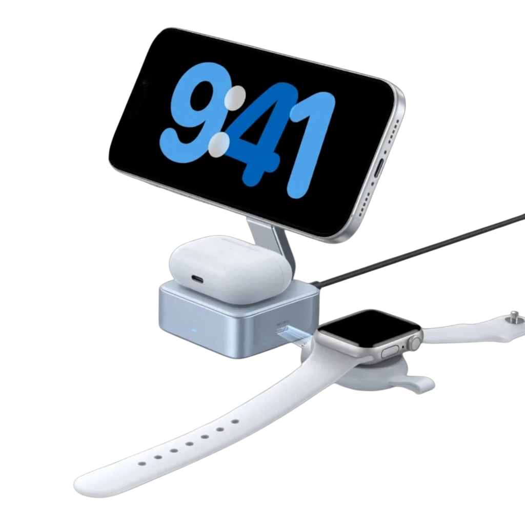 zero2cart 3-in-1 magnetic wireless charging station holding a smartphone, smartwatch, and earbuds on a black background