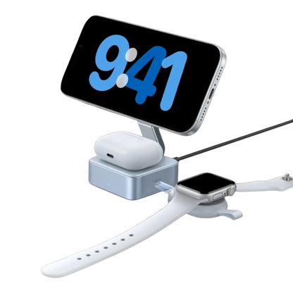 zero2cart 3-in-1 magnetic wireless charging station holding a smartphone, smartwatch, and earbuds on a black background